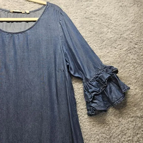 Soft Surroundings Blue Chambray Dress Size Large Knee Length 3/4 Ruffle Sleeve - Picture 4 of 11